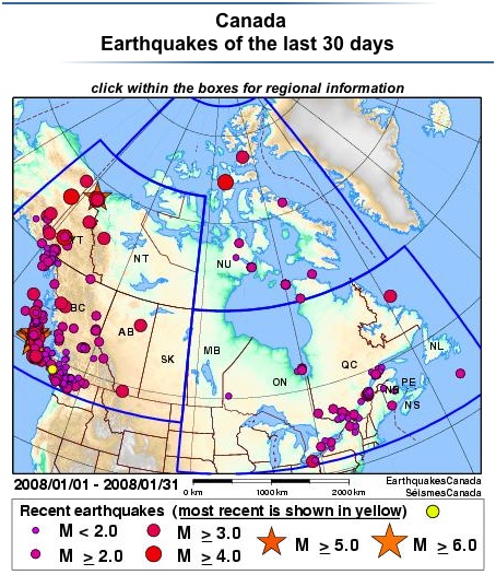 Canada: earthquakes of the last 30 days (map)