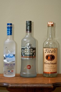 vodka flight grey goose, russian standard, tito's handmade