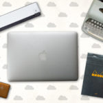 doxie scanner, macbook air, hard drive, typewriter, note pad, pen