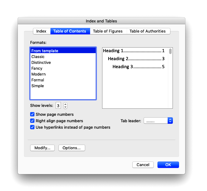 Word's Index and Tables window